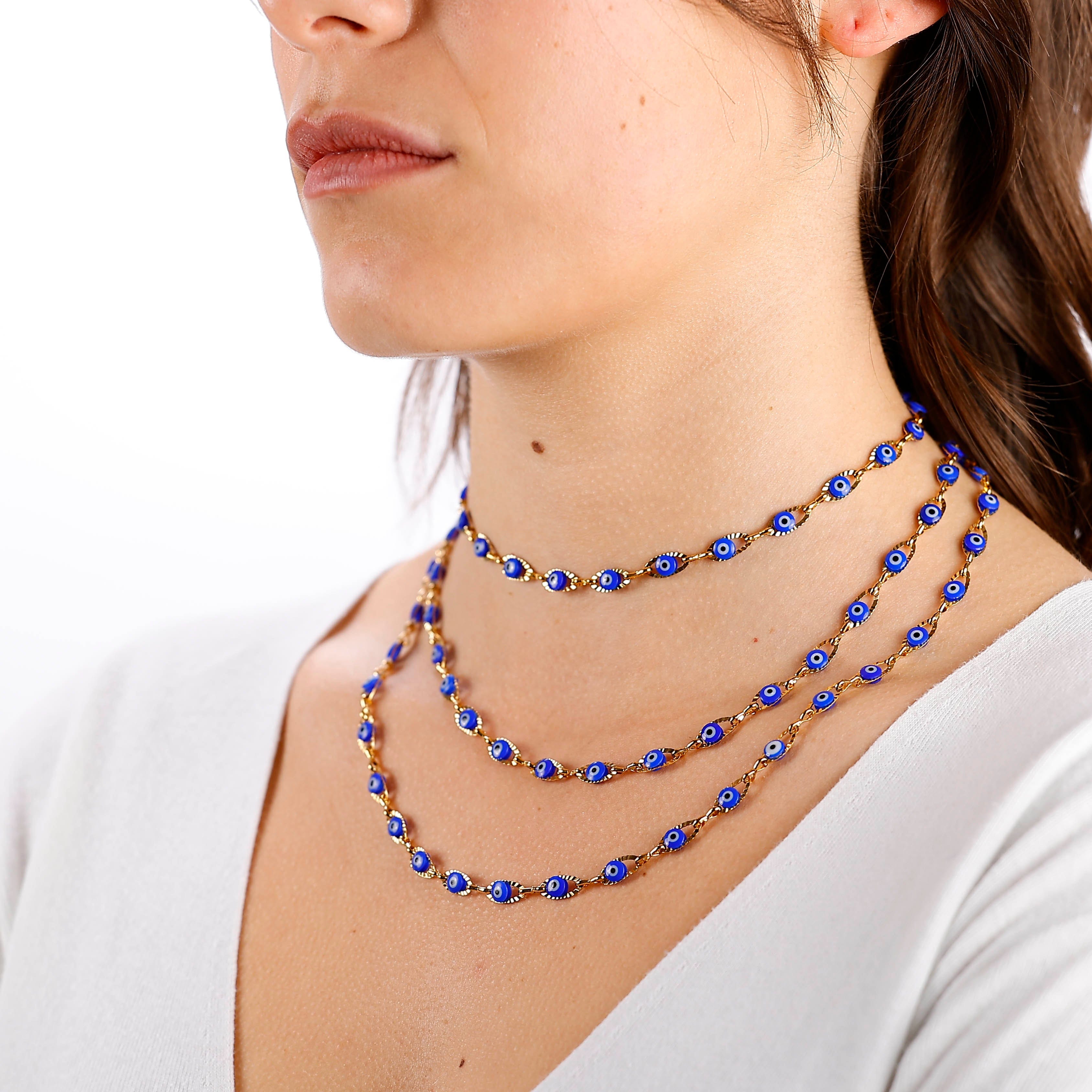 ACCIAIO 316L COLLANA COLLANA ORO OCCHI GRECI BLU