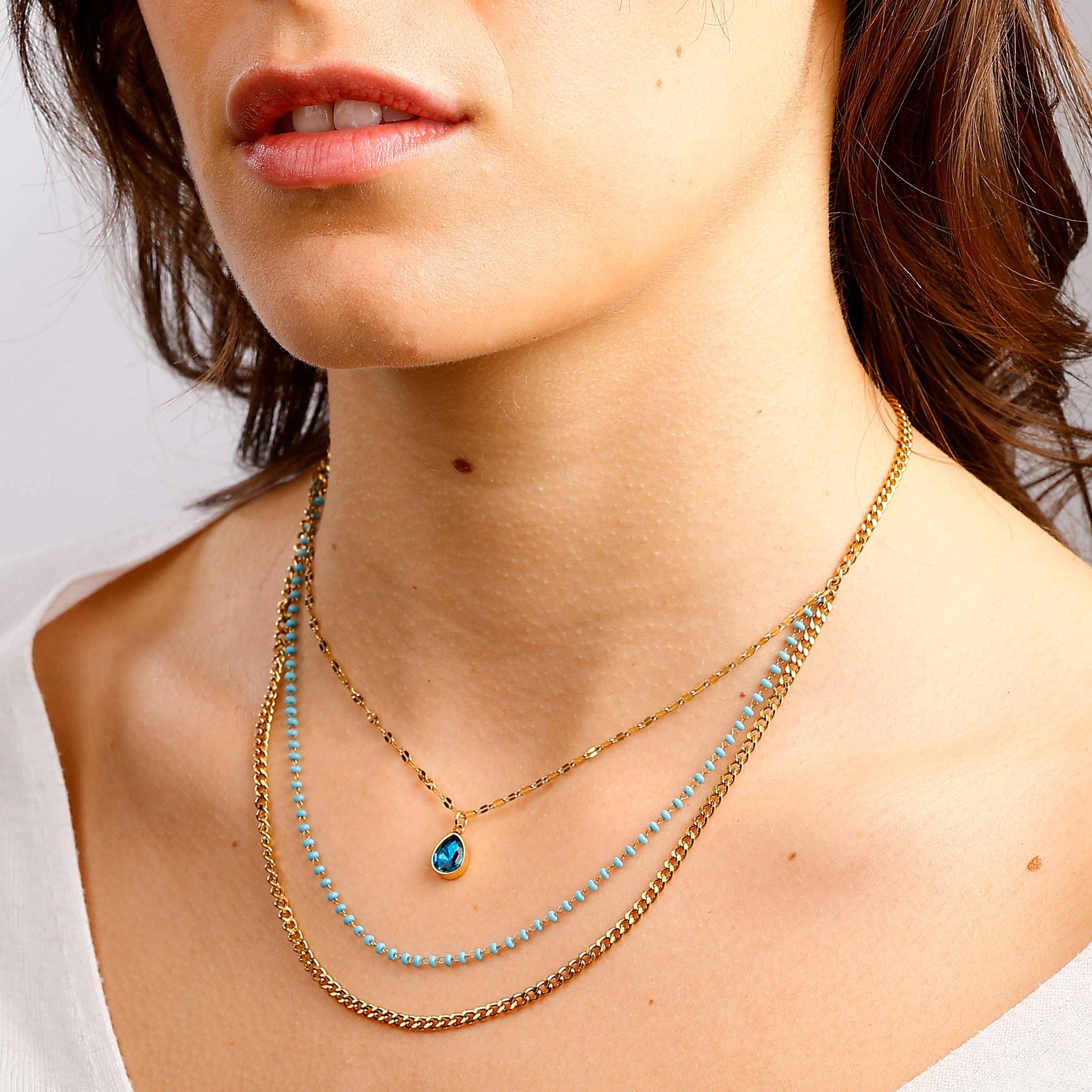 ACCIAIO 316L COLLANA COLLANA THREE LAYER GOCCIA AZZURRA