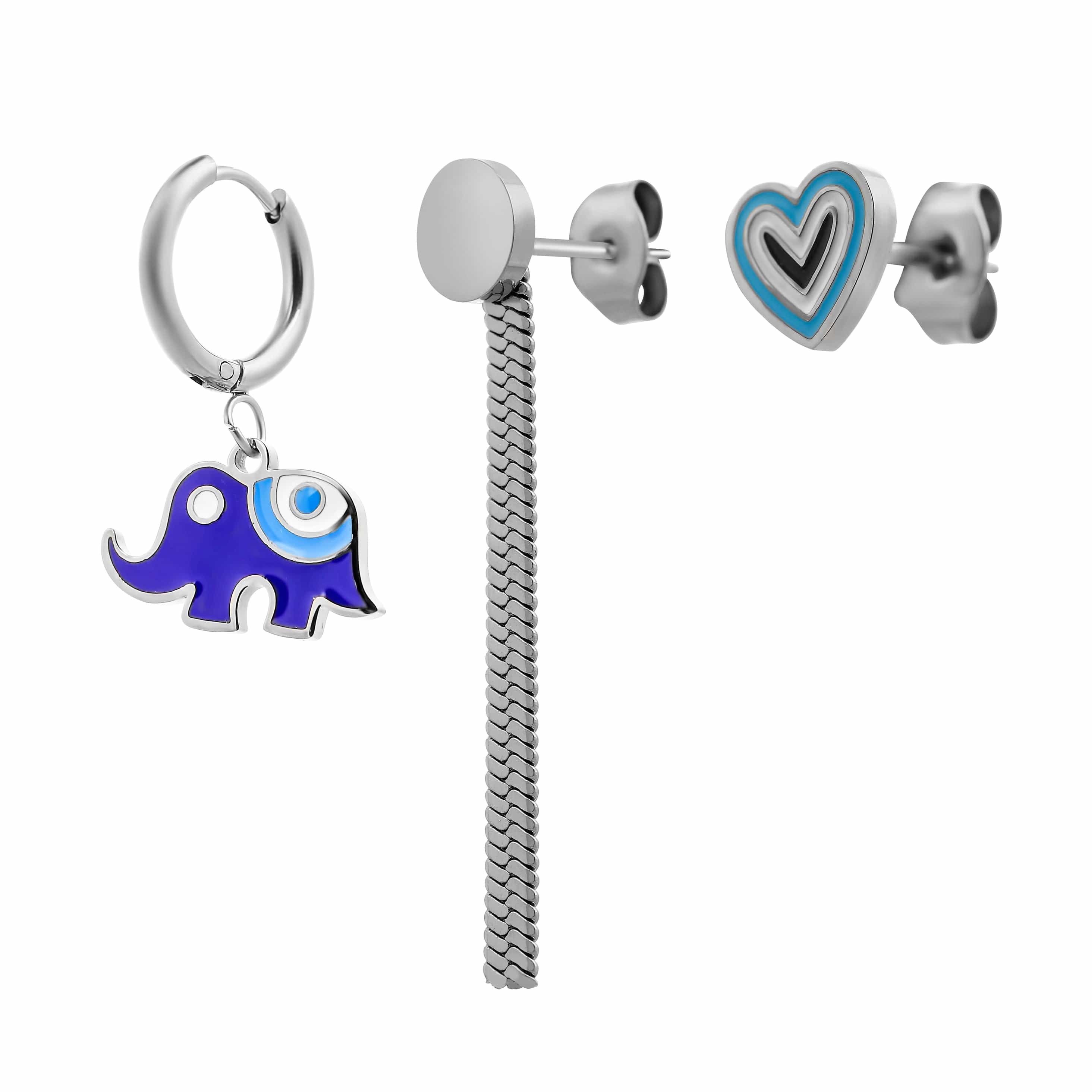 ACCIAIO 316L ORECCHINI SILVER SET ORECCHINI ELEFANTE CUORE