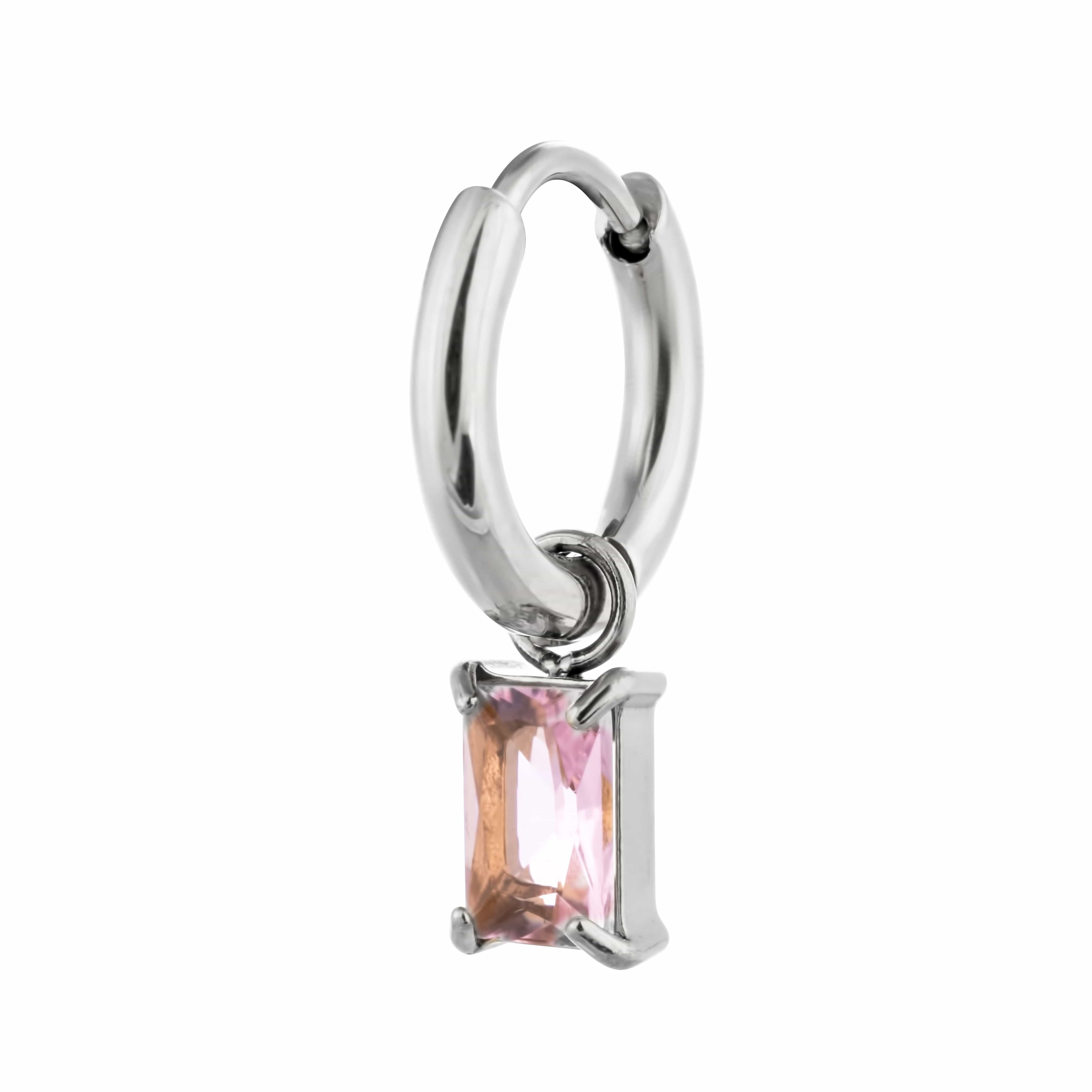 ACCIAO 316L ORECCHINI ROSA CHIARO MINI HOOPS SILVER COMPONIBILE CRISTALLO RETTANGOLO