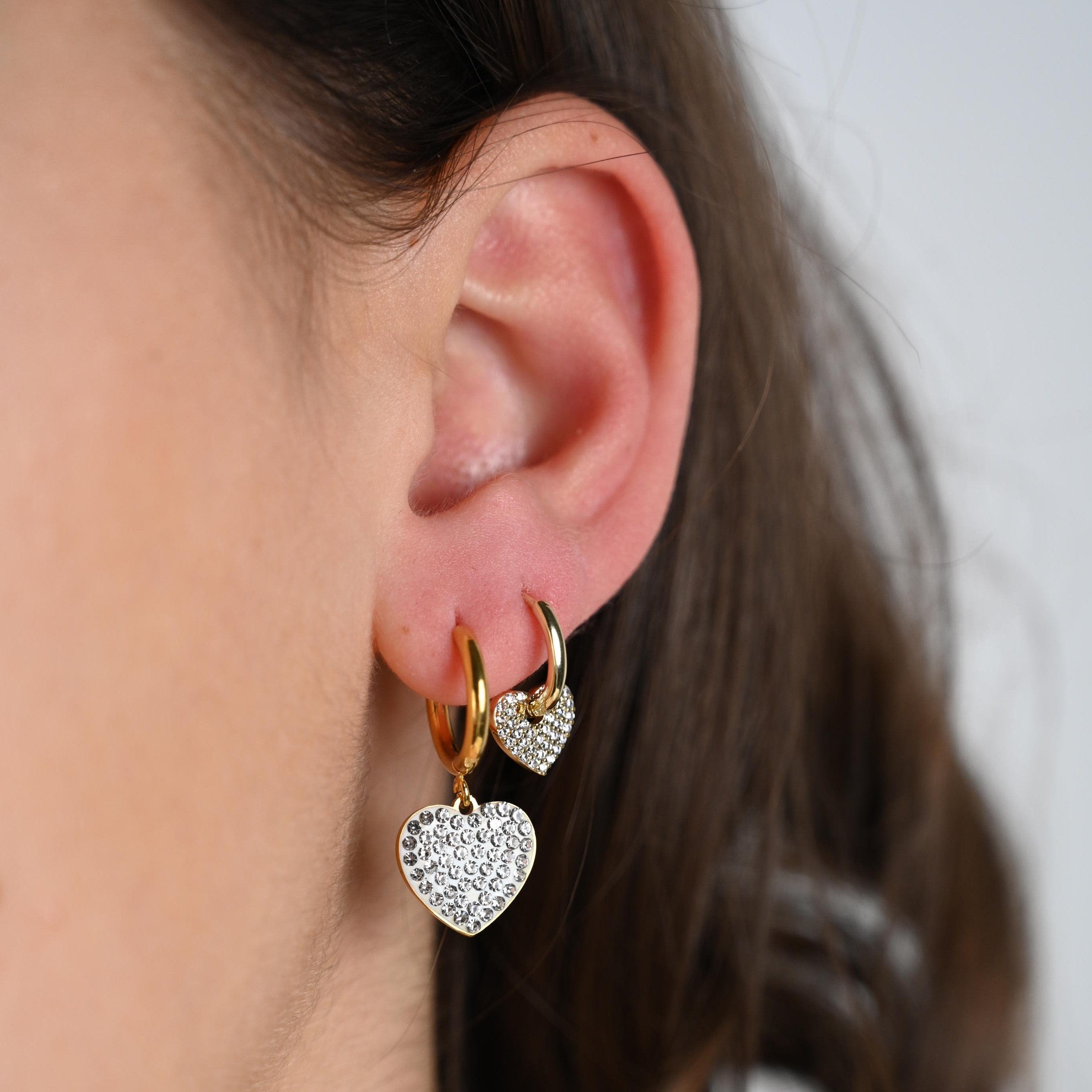 ACCIAIO 316L ORECCHINI MINI HOOPS CUORE STRASS BIANCHI